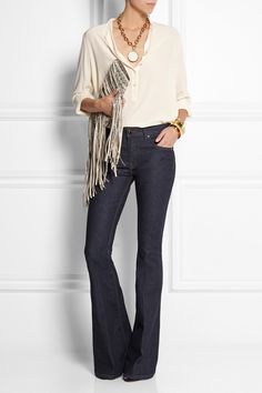 Outfit Ideas Jeans, Van Der Straeten, Looks Jeans, Lele Sadoughi, Pantalon Large, Denim Flares, Flared Jeans, Silhouette Cut, Work Attire