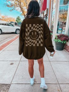 Get ready to obsess over the perfect trendy sweatshirt with a checkerboard back print! This sweatshirt is super comfy and soft, and has a very cool aesthetic style. This shirt is true to size. For an oversized look size up 2/3 sizes from your normal size. Please check the product dimensions in the photo section, to confirm the right size for you. CUSTOMIZATION: If you would like this design in another color or on another medium, please feel free to reach out to me and let me know, most probably Casual Plaid Long Sleeve Sweatshirt, Casual Long Sleeve Plaid Sweatshirt, Casual Plaid Cotton Sweatshirt, Casual Cotton Plaid Sweatshirt, Plaid Cotton Sweatshirt For Fall, Plaid Cotton Long Sleeve Sweatshirt, Plaid Grunge Tops For Streetwear, Preppy Sweatshirts, Cool Aesthetic