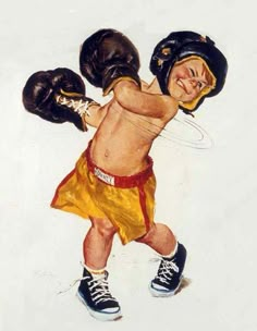 a drawing of a young boy wearing boxing gloves