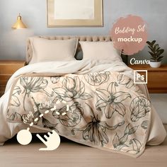 a bed with white sheets and flowers on it