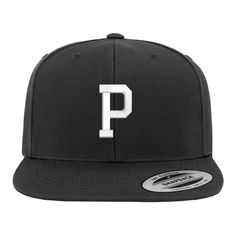 a black and white baseball cap with the letter p on it's front side