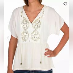 New With Tags! Jolt Pieced Henley Top -Size Large -Creamy White Color -Gold Beaded Detailing -Chiffon Hem Henley -Dolman Sleeves -Lace Trim Tags: Jolt, Henley, Top, Blouse, Beaded, Cream, White, Gold, Stud, Chiffon, Peplum, Tassel, Button, Flowy, Casual, Classic, Coastal Beaded Tops For Spring Vacation, Beaded Tops For Vacation In Spring, Casual Beaded Tops For Summer, Spring Vacation Beaded Tops, Embellished White Blouse For Summer, Summer White Beaded Top, White Beaded Top For Summer, Casual Beaded V-neck Tops, Embellished Cream Top For Summer