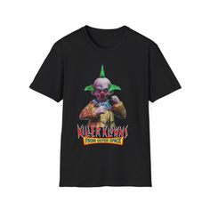 a black t - shirt with an image of a clown wearing a green hat and holding a