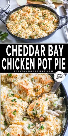 cheddar bay chicken pot pie in a skillet with the title above it