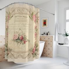 a bath room with a tub and a shower curtain that has roses on it in front of a window