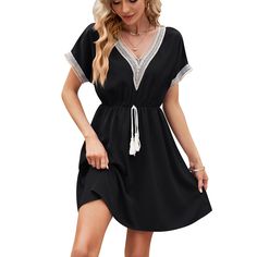 Women's Summer Dress V-Neck Lace High Waist Mini Dress Elegance Dress, High Waist Fashion, Elegant Dresses For Women, Mini Dresses For Women, Mini Dress Casual, Daily Dress, Neck Lace, Short Sleeve Dress, Tiered Dress