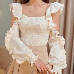 White Blouse Ruffled Long Sleeve Top (Cute) Korean Blouse, Ladies Tops Blouses, White Ruffle Blouse, Cutout Blouse, Feminine Women, Wrap Crop Tops, Ruffle Long Sleeve, Summer Crop Tops, Trendy Tops