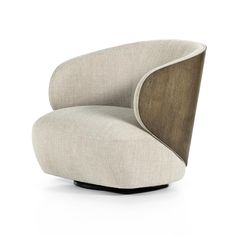 an upholstered chair with wood and fabric