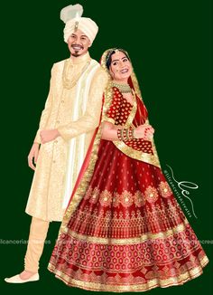 Wedding Caricature Indian, Indian Wedding Couple Illustration, Wedding Caricature Couple, Indian Wedding Illustration, Hamper Stickers, Bride Caricature, Indian Wedding Caricature