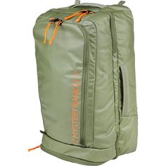 a green backpack with an orange zipper on the side