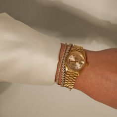 Vintage-inspired chevron tennis bracelet to elevate your stack. Diamond 3.16 CTW, 14k Gold Gold Bracelet Stack For Women, Gold Watch Stack, Gold Rolex Women, Money Core, Bracelet With Watch, Trending Things, Capsule Wardrobe Jewelry, Gold Bracelets Stacked, Lux Fashion