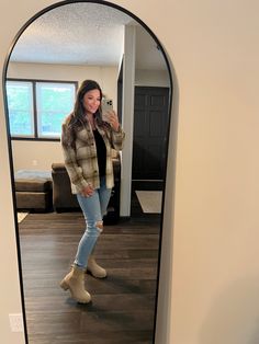 Fall outfits. Shacket. Womens outfit. Boots. Fall Platform Boots Outfit, Shacket And Chelsea Boots, Tan Chunky Boots Outfit Winter, Chunky Boots Fall Outfits, Fall Sock Boots Outfit, Fall Outfits Women Chelsea Boots, How To Style Fall Boots, Neutral Combat Boots Outfit, Khaki Ankle Boots Outfits