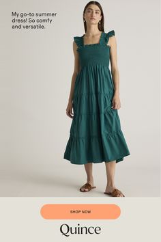 This floaty, flirty, light dress is about to become your fave for summer. Flattering A-line cut, smocked elasticated top, tiered poplin skirt. The sleeveless style has ruffle detailing and all in breathable, natural 100% organic cotton poplin. It's soft, comfy, and the midi-length has the potential to be dressed up or down.  | Quince | Women's Smocked Midi Dress in Garden Green, Size Medium, Organic Cotton Summer Smocked Midi Dress With Ruffles, Summer Smocked Midi Dress With Ruffle Hem, Summer Tiered Smocked Dress With Ruffles, Casual Tiered Smocked Top With Ruffle Hem, Casual Tiered Smocked Top, Summer Smocked Tiered Flowy Dress, Tiered Smocked Dress With Ruffle Hem For Summer, Cotton Smocked Dress With Tiered Skirt For Summer, Casual Tiered Smocked Summer Dress