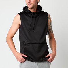 This Xersion men's sleeveless hoodie is essential for high performance active days. Made from a soft moisture-wicking fleece, this pullover top has front pockets and a drawstring hood. Wear it with sweatpants. Features: Moisture WickingClosure Type: Pullover HeadFit: Regular FitNeckline: Hooded NeckPockets: 1 Front Kangaroo Pocket, 1 Front Zip PocketSleeve Length: SleevelessApparel Length: 29.5 Inches - FrontFiber Content: 100% PolyesterFabric Description: FleeceLining Material: PolyesterCare: T Techwear Sports Hooded Top, Sleeveless Black Hoodie In Athleisure Style, Sleeveless Black Athleisure Hoodie, Functional Sports Hoodie Tops, Hooded Techwear Activewear For Workout, Functional Hooded Tops With Sweat Resistance, Functional Hooded Tops Sweat Resistant, Urban Sports Hooded Top, Urban Style Hoodie For Gym