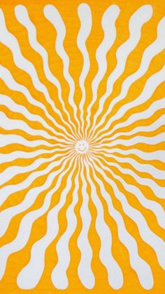 an orange and white abstract painting with wavy lines in the shape of a sunburst