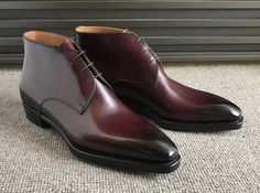 Burgundy French Calf with Darker Patina Leather Chukka Boot on Storenvy Heels Winter, Leather Boots For Men, Patina Style, Quality Leather Boots, Leather Chukka Boots, Black Men Fashion Swag, Custom Design Shoes, Handmade Leather Shoes, Mens Leather Boots