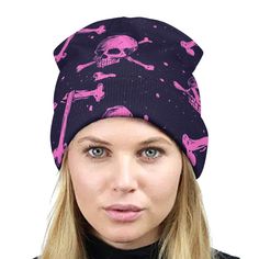 Pink Skulls Beanie Pink Cotton Beanie (one Size Fits Most), Fun Pink Beanie Hat, Skully Beanie, Casual Pink One-size Beanie, Skull Beanie, Pink Skull, Cycling Women, Active Wear Shorts, Knitted Hat