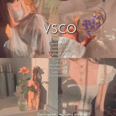 a woman in a white dress is holding a glass bowl with flowers on it and the words, v - sco above her head