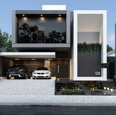 two cars are parked in front of a modern house with an arrow pointing to the right