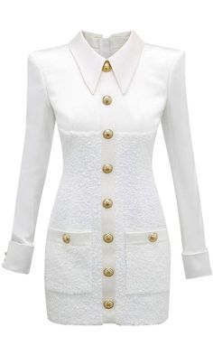 You'll Know My Name White Tweed Long Sleeve Turn Back Cuff Button Fron – Indie XO Channel White Dress, Attractive Outfits, White Tweed Dress, Tweed Mini Dress, Balmain Dress, White Tweed, Elegante Casual, Mode Kpop, Tweed Dress