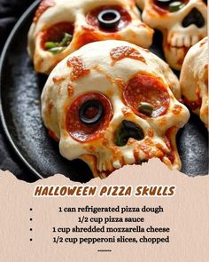 pizza skulls on a black plate with the words halloween pizza skulls written below it and an image of two eyes in the middle