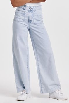 Super high rise wide leg jeans. A statement-making denim wonder, resting at the natural waist, offering a relaxed silhouette in the hip and thigh. Full inseam on comfort stretch denim, accented with front & back patch pockets, wide hem opening, back darts for lift support, matching button waistband closure, in an effortless light shade with gentle softness.12 1/2" Front Rise (include waistband), 23" Leg Opening, 30 1/2" inseam (Size 27) COMFORT STRETCH: Slightly snug, give sometime to ease in, may go up one size 99% COTTON 1% SPANDEX Machine wash cold, Tumble dry low Imported Zip fly and button closure Patch front & back pocket Trendy Light Wash Cotton Wide Leg Pants, Trendy Light Wash Wide-leg Jeans, Trendy Light Wash Mid-rise Wide Leg Pants, Chic Light Wash Relaxed Fit Flare Jeans, Trendy Light Wash Wide Leg Pants For Summer, Chic Relaxed Fit Light Wash Flare Jeans, Summer Washed Wide Leg Flare Jeans, Summer Wide Leg Washed Flare Jeans, Spring Wide-leg Washed Flare Jeans