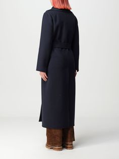 Coat 'S MAX MARA Woman color Blue Modern Blue Outerwear For Office, Blue Peacoat For Workwear, Blue Long Peacoat For Work, Blue Spring Formal Peacoat, Fitted Blue Peacoat For Office, Elegant Blue Peacoat For Fall, Fitted Blue Peacoat With Pockets, Formal Blue Belted Outerwear, Classic Blue Peacoat For Office