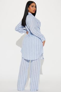 Available In White/combo And Blue. Striped Pant Set Tunic Shirt Collar Long Sleeve Button Up Front Pockets Wide Leg Pant Elastic Waistband Pockets Non Stretch 32" Inseam 100% Cotton Imported | The Perfect Striped Pant Set in Light Blue size Small by Fashion Nova Light Blue Fashion, Striped Pant, Wide Leg Pant, Tunic Shirt, Pant Set, Shirt Collar, Blue Fashion, Wide Leg Pants, Fashion Nova