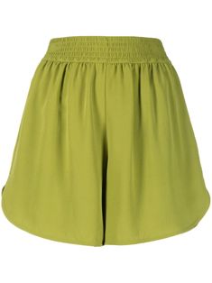 lime green silk elasticated drawstring waistband two side inset pockets thigh-length straight hem Green Shorts With Short Inseam And Elastic Waistband, Green Shorts With Elastic Waistband And Short Inseam, Green Shorts With Elastic Waistband, Spring Green Bottoms With Gathered Waist, Green Knee-length Shorts For Vacation, High-waisted Green Shorts With Elastic Waistband, Lime Chiffon, Wedding Guest Looks, Versace Outfit