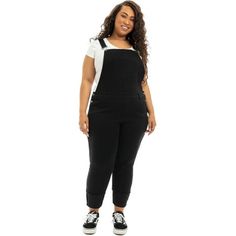 Whats not to love about an easy pair of overalls? Instant fun, pair these Roll Cuff Overalls from A3 Denim with your favorite graphic tee and sneakers. Size: 20 W.  Color: Black.  Gender: female.  Age Group: adult. Plus Size Overalls Outfit, Construction Outfit, Womens Denim Overalls, Black Denim Overalls, Overalls Plus Size, Overall Outfit, Overalls Outfit, Black Flare, Jeans Material