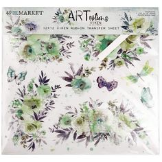 watercolor flowers on white paper with green and purple leaves in the middle, as well as