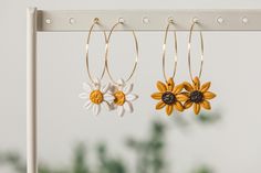 Daisy or Sunflower Earrings, CLAY EARRINGS | hypoallergenic | handmade, floral boho hoop earrings, Gift for Her Cute Everyday Summer Jewelry, Everyday Flower Charm Hoop Earrings, Bohemian Dangle Hoop Earrings For Spring, Summer Everyday Dangle Hoop Earrings, Summer Flower Charm Hoop Earrings, Spring Flower Charm Hoop Earrings As Gift, Spring Hoop Earrings With Flower Charm As Gift, Spring Gift Hoop Earrings With Flower Charm, Flower Shaped Hoop Earrings For Summer Gifts