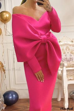 Olivia Mark - Exquisite Rose Red Solid Patchwork V-Neck Bow Evening Dress Pencil Dress Classy, Dress With Big Bow, Bow Dresses, Empire Pattern, Slim Bodycon Dress, Midi Dress Chic, Midi Party Dress, Big Size Dress, Strapless Party Dress