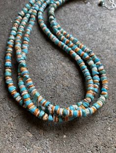 Sterling Silver Multi Strand Turquoise Spiny Oyster Bead Necklace. 20 inch Blue Necklace With Hand-strung Oval Beads, Turquoise Necklaces With Round Natural Stones, Turquoise Rondelle Beaded Necklace Single Strand, Turquoise Rondelle Beaded Necklace, Turquoise Rondelle Gemstone Beads Necklaces, Artisan Turquoise Beaded Necklaces With Oval Beads, Beaded Turquoise Necklace With Heishi Beads, Turquoise Rondelle Necklaces With Natural Stones, Artisan Turquoise Round Bead Necklaces