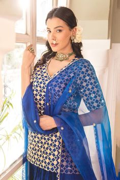 Midnight blue short kurta with geometric marori and zardosi embroidery. Paired with coordinating tasselled dupatta and solid crush lehenga. - Aza Fashions Blue Fitted Sets With Unstitched Blouse, Blue Festive Sets With Unstitched Blouse, Unstitched Blue Set With Blouse, Festive Blue Unstitched Sets, Fitted Royal Blue Set For Festive Occasions, Fitted Royal Blue Festive Set, Festive Fitted Royal Blue Set, Blue Unstitched Sets With Mirror Work, Blue Mirror Work Palazzo Set For Diwali