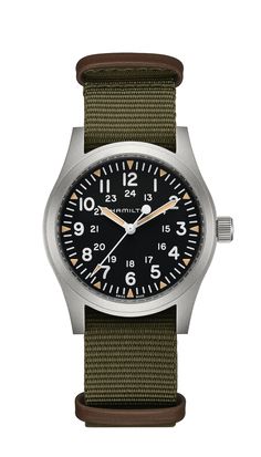 One of Hamilton's most iconic timepieces is now available with a larger case size. Powered by our exclusive hand-wound H-50 movement, the Khaki Field Mechanical 42mm stays true to form with a sandblasted stainless steel case and ultra-readable dial in white or black. Whether you wear this updated version of the original soldier's watch with a comfortable stainless steel bracelet or green textile NATO strap, its rugged and resilient design will keep you on time through every adventure. Hamilton Khaki Field Mechanical, Khaki Field Mechanical, Hamilton Watch Khaki, Hamilton Khaki Field, Hamilton Khaki, Nato Strap Watches, Baume Mercier, Hamilton Watch, Field Watches