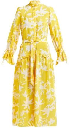 Beulah - Darsha Floral Printed Ruffled Silk Midi Dress - Womens - Yellow Multi Tea Party Bridal Shower Outfit, Tea Party Bridal, Stylish Lady, Fashion Feminine, Elegant Outfit Classy