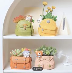 three different colored purses on shelves with plants in the bottom one is for sale