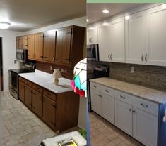 before and after pictures of a kitchen remodel with white cabinets, granite counter tops, and new appliances