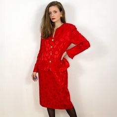 - Stunning red silk blazer and skirt suit set - 100% silk - Excellent condition - Tag size UK 14, FR 42, fits M-L, please see measurements Blazer measurements (laying flat): Shoulders: 42 cm / 16.5 inches  Armpit to armpit: 49 cm / 19.3 inches  Sleeve length: 61 cm / 24 inches  Length: 60 cm / 23.6 inches Skirt measurements (laying flat): Waist: 39 cm / 15.4 inches  Hips: 50 cm / 19.7 inches  Length: 68 cm / 26.8 inches SHIPPING INFO: Shipping price in the listing is for the "Standard Latvian po Vintage Red Party Blazer, Fitted Silk Skirt Suit With Long Sleeves, Red Long-sleeve Skirt Suit For Party, Red Long-sleeve Skirt Suit For Office, Red Long Sleeve Skirt Suit For Work, Red Long Sleeve Skirt Suit For Party, Elegant Red Fitted Skirt Suit, Elegant Red Formal Skirt Suit, Red Formal Sets For Spring