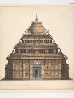 an architectural drawing of a building with statues on the top and bottom floor, in front of a white background