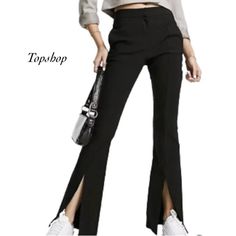 Topshop Trousers Flare Leg Slit Hem Pants Textured Black Size 12 Measurements Are Approximate. Measured Flat Waist: 17.5” Rise: 12” Inseam: 32.5” Bell Bottom Leggings, Flare Dress Pants, Ribbed Flares, Printed Flare Pants, Hem Pants, Velvet Flares, Metallic Pants, Pinstripe Pants, Boho Pants