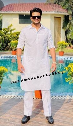 "HANDMADEKURTASHOP  Description Man kurta for Man Give yourself a best ethnic look by wearing this Top and bottom Set. Made of rich cotton silk blend fabric this regular-fit set comprises a full-sleeved Indian kurta pajama This outfit with mojris will look apart on special occasions. material 100%Cotton Color : White color Kurta Length : 40 inches Only kurta not pajama Shirt Chest is measurement for shirt (not body) As per standard, for best loose fitting 6 inches gap should be there between act Kurta Pajama Men White Color, Casual Kurta With Dabka For Festivals, Casual Dabka Kurta For Festivals, Casual Summer Kurta With Dabka Details, Traditional Summer Kurta For Ceremonies, White Kurta With Naqshi For Eid, White Naqshi Kurta For Diwali, White Casual Kurta For Eid, Casual White Kurta For Eid