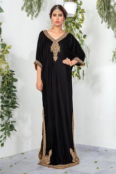 Aisha Imran. Aynur Black Floor-length Kaftan For Festive Occasions, Black V-neck Kaftan For Festive Occasions, Elegant Black Embroidered Kaftan, Festive Black Dabka Kaftan, Festive Black Evening Kaftan, Festive Black Party Kaftan, Luxury Festive Floor-length Kaftan, Luxury Formal Festive Kaftan, Festive Black Maxi Kaftan