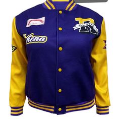 a women's purple and yellow baseball jacket