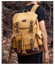 Waxed Canvas Backpack for Travel Outdoor - Woosir Urban Backpack With Large Capacity For Outdoors, Urban Backpack With Large Capacity For Outdoor Activities, Casual Brown Laptop Backpack, Canvas Backpack With Zipper For Outdoor Activities, Casual Satchel Bag For Adventure, Back To School Outdoor Bags With Pockets, Outdoor Back To School Bags With Pockets, Rectangular Backpack With Zipper Pocket For Outdoor, Leather Casual Backpack With Zipper For Outdoor