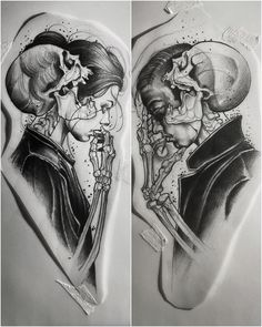 two drawings of people with skeleton heads and bones