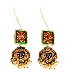 red Green Navy Meena Pearl EARRINGS If you like to make a statement with your jewelry then this is the piece to own Elongated Gold plated Traditional Kundan Earrings **Made in pure .925 sterling silver base and 18 K Gold plated. **Paisley style chandelier earrings, hand enameled with real pearls along the edges with elegant royal hand painted motif an elegant fusion design. **Fresh Water Pearls on the bottom **Length- 3.25 inches and width - 1.2 inch at the widest point These earrings will be sh Red Gold Plated Earrings For Party, Red Gold Plated Temple Jewelry, Festive Green Jewelry With Motifs, Red Gold-plated Temple Jewelry, Red Danglers For Diwali, Red Gold Plated Drop Earrings, Red Jewelry With Matching Earrings For Diwali, Elegant Red Jewelry With Latkans, Festive Red Jewelry With Motifs