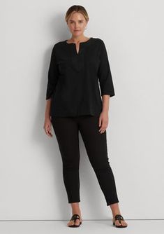 This soft tunic is crafted from luxe combed cotton. | Lauren Ralph Lauren Women's Plus Size Cotton Tunic, Black, 2X Black Split Neck Top For Spring, Black Split Neck Top For Workwear, Chic Black Split Neck Top, Cotton Tunic, Ralph Lauren Womens, Combed Cotton, Lauren Ralph Lauren, Knit Top, Round Neck