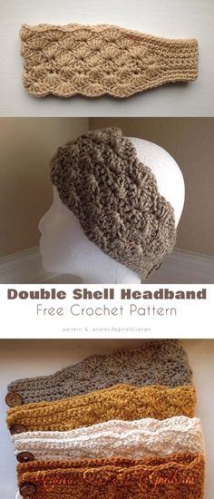 three crocheted hats are stacked on top of each other and the text reads, double shell headband free crochet pattern